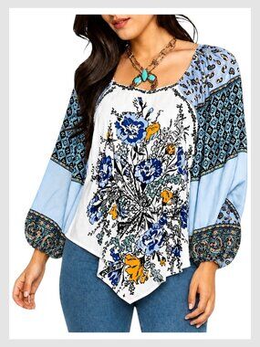 Free People Positano Blouse Ivory Multi Patchwork Balloon Sleeve XS